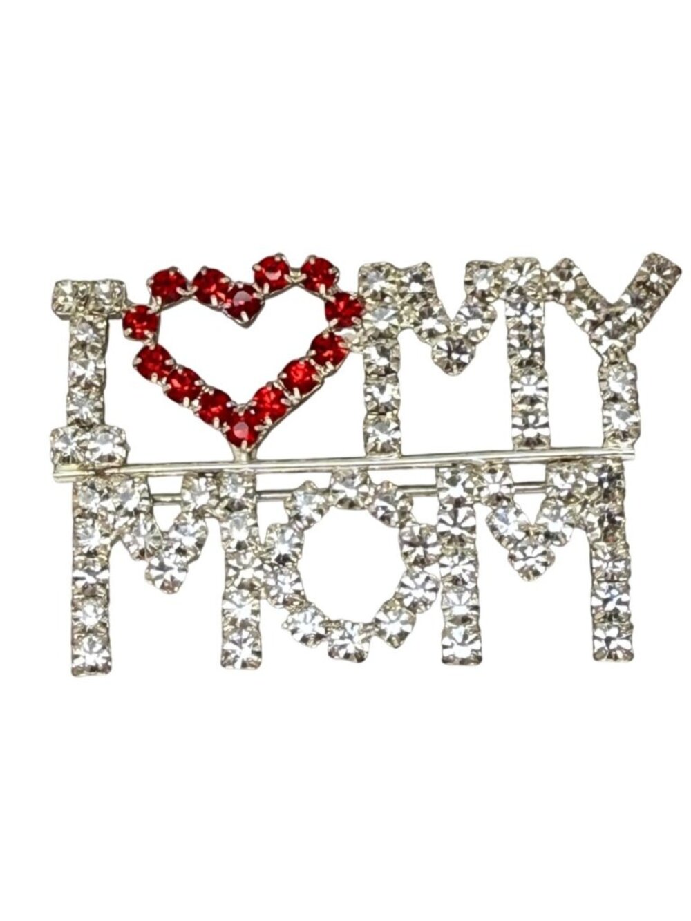 I Love My Mom Rhinestone Brooch Pin Red & Clear Crystals Mothers Day Gift 2.5" x